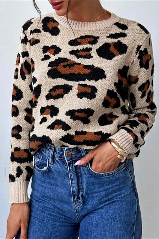 WW | Stylish sweater with color blocking, leopard print, and round neckline