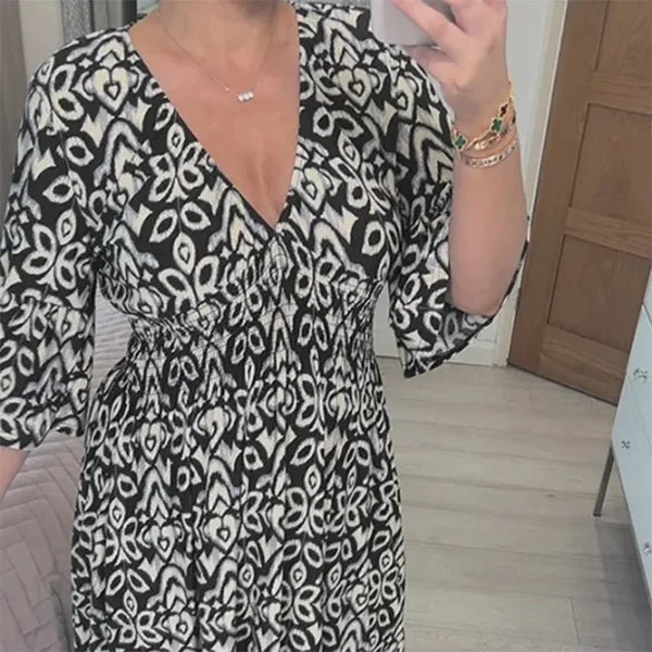 WW | Lange Lockere Kleid mit V-Ausschnitt und Gürtelzug
