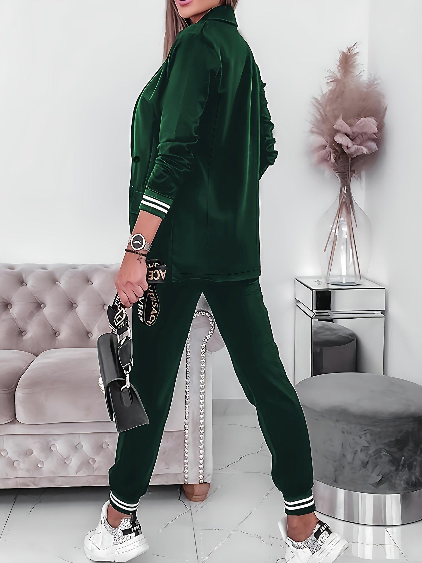 WW | Long Sleeve Blazer With Flap Pockets & Trousers Outfit Set For Women - Perfect for Casual Days