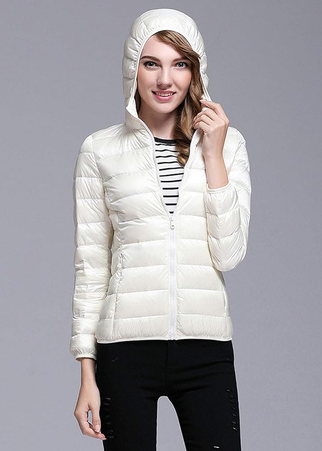 WW | Winterdaunenjacke mit Kapuze für Damen Weiß und Schwarz - faltbare Daunenjacke