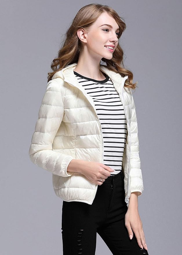 WW | Winterdaunenjacke mit Kapuze für Damen Weiß und Schwarz - faltbare Daunenjacke