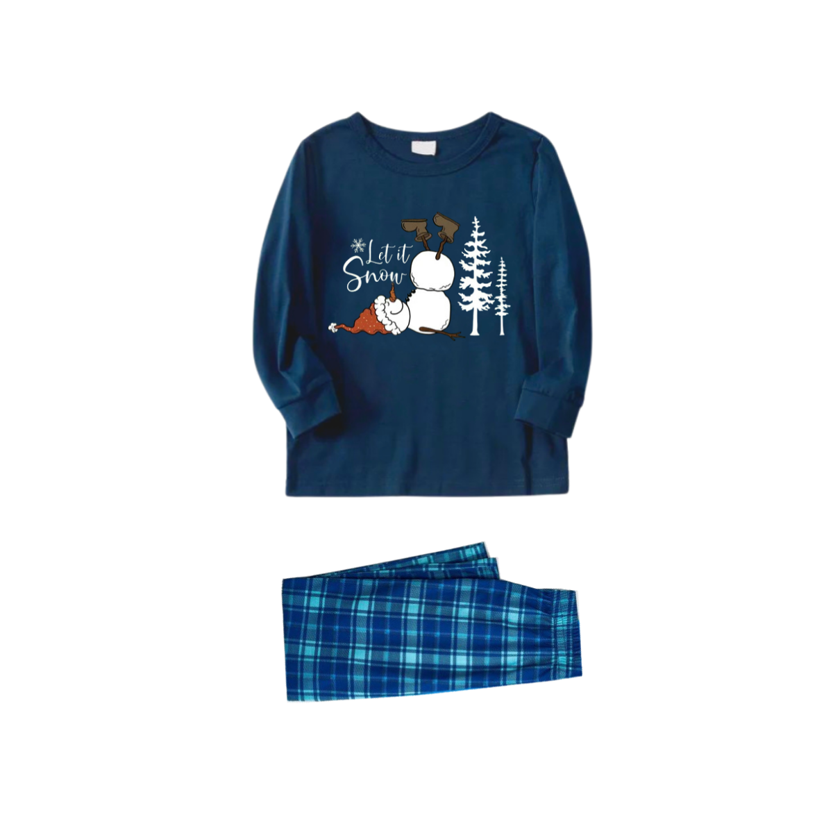 WW | "Let It Snow" Slogan and Snowman Print Blue Plaid Matching Family Christmas Pyjamas