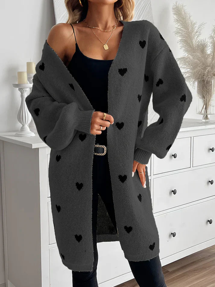 WW | Heart Pattern Long Length Wool Cardigan For Women - Ideal for Winter