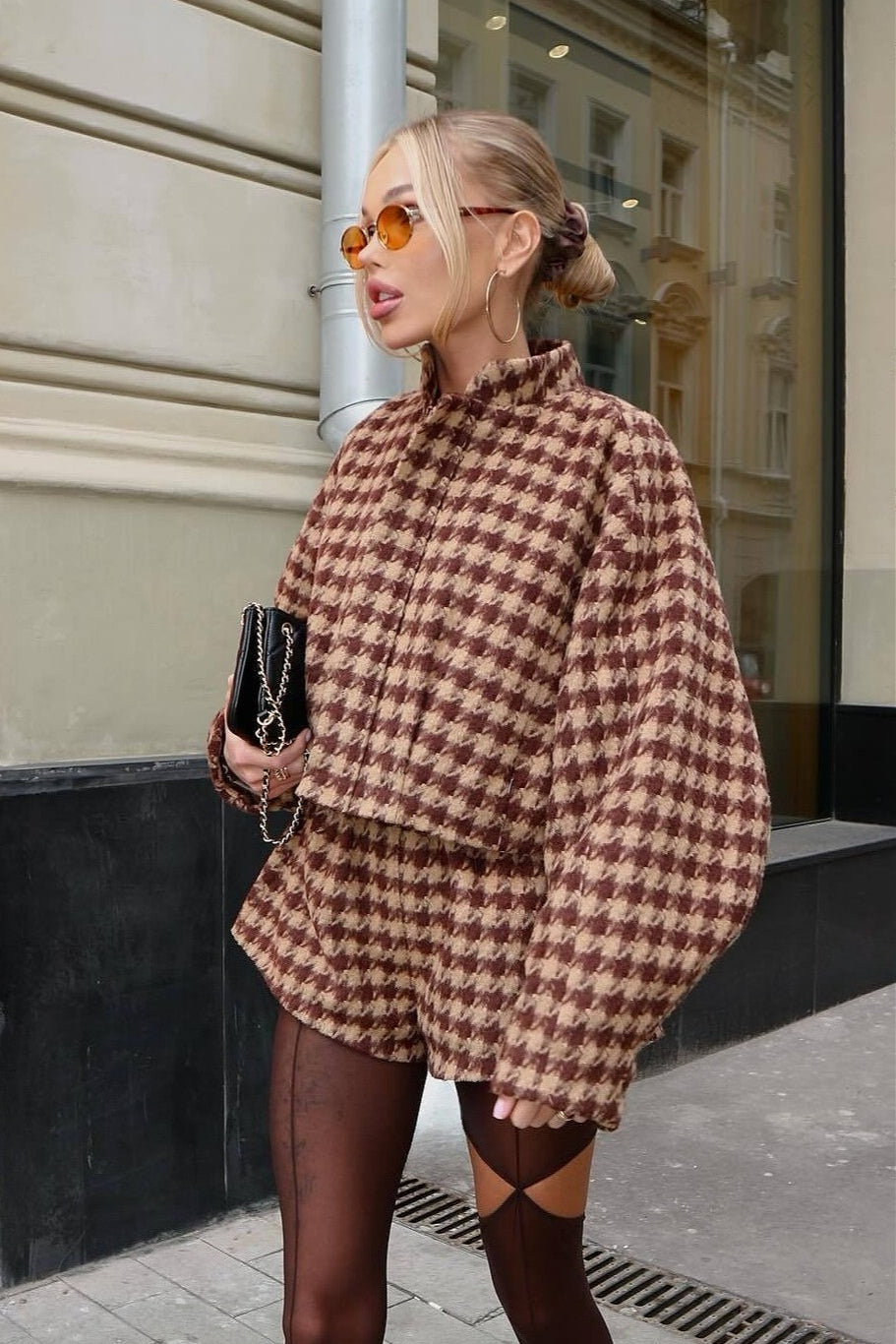 WW | Houndstooth Zip Jacket and Shorts Two-Piece Set