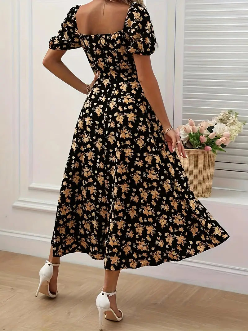 WW | Schickes Kleid mit Puffärmeln Im A-Linien-Stil mit Blumendruck
