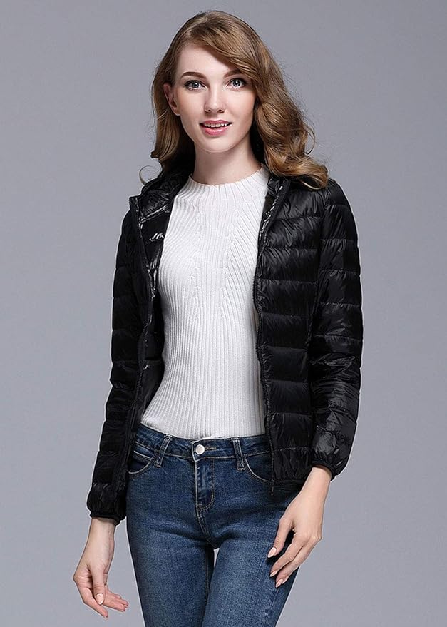 WW | Winterdaunenjacke mit Kapuze für Damen Weiß und Schwarz - faltbare Daunenjacke