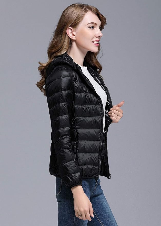 WW | Winterdaunenjacke mit Kapuze für Damen Weiß und Schwarz - faltbare Daunenjacke