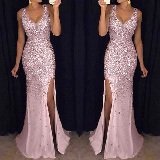WW | Sling V-Neck Split Glitter Evening Dress