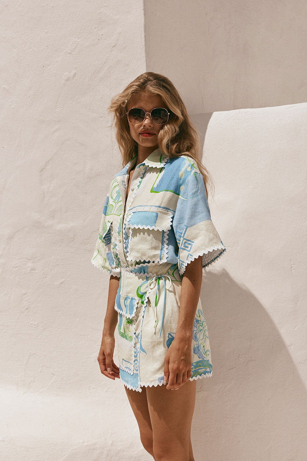 Pierre - Printed Short Sleeve Shirt and Mini Skirt Set with Side Knot and Wavy Hems