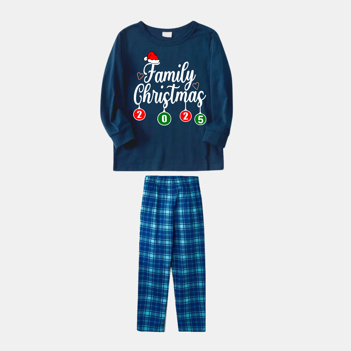 WW | "Family Christmas 2025" Letter Print Blue Long Sleeve Shirt With Blue Plaid Matching Family Pajamas