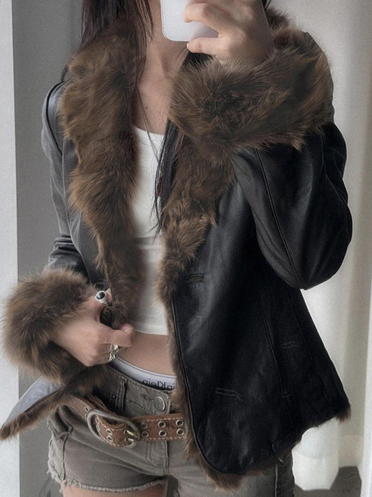 WW | American Style Pelzkragen Patchwork Lederjacke