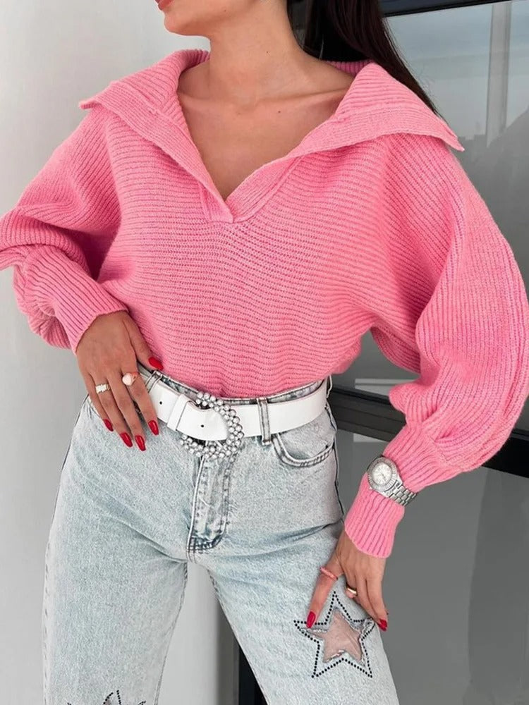 WW | Cozy knitted sweater with lantern sleeves and open collar