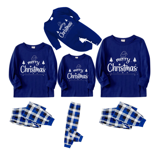 WW | "Merry Christmas" Text Printed Blue and White Checked Family Set Pajamas