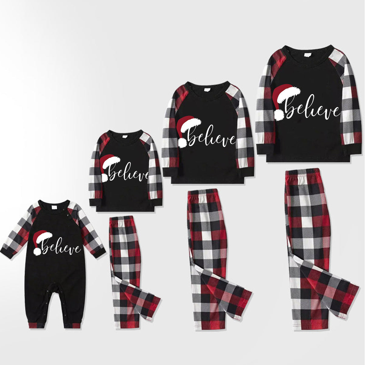 WW | Weihnachtsmann-Print-Muster Freizeit Langarm-Sweatshirts Kontrast-Oberteile und rot & schwarz & weiß kariert Hose Familie passende Pyjama-Set mit Haustier-Bandana