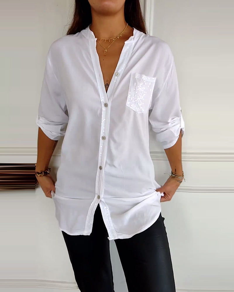 WW - Chic Blouse with Button Placket and Sequin Trim for Women | Elegant Long-Sleeved Blouse with Sequin Pocket