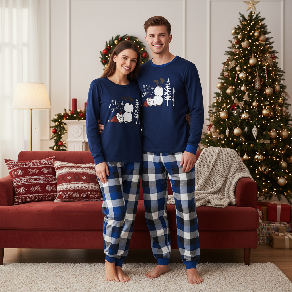WW | Matching blue and white checked "Let it Snow" snowman print pyjamas for couples