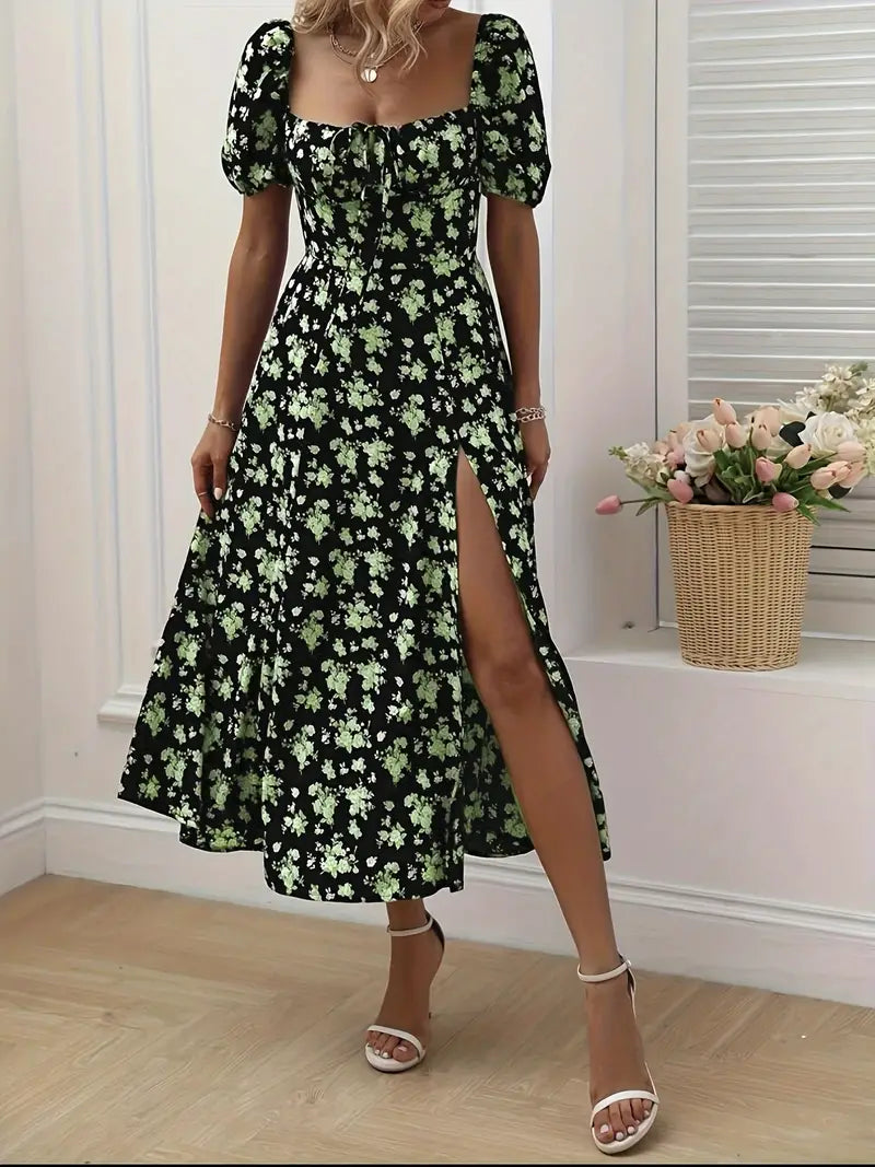 WW | Schickes Kleid mit Puffärmeln Im A-Linien-Stil mit Blumendruck