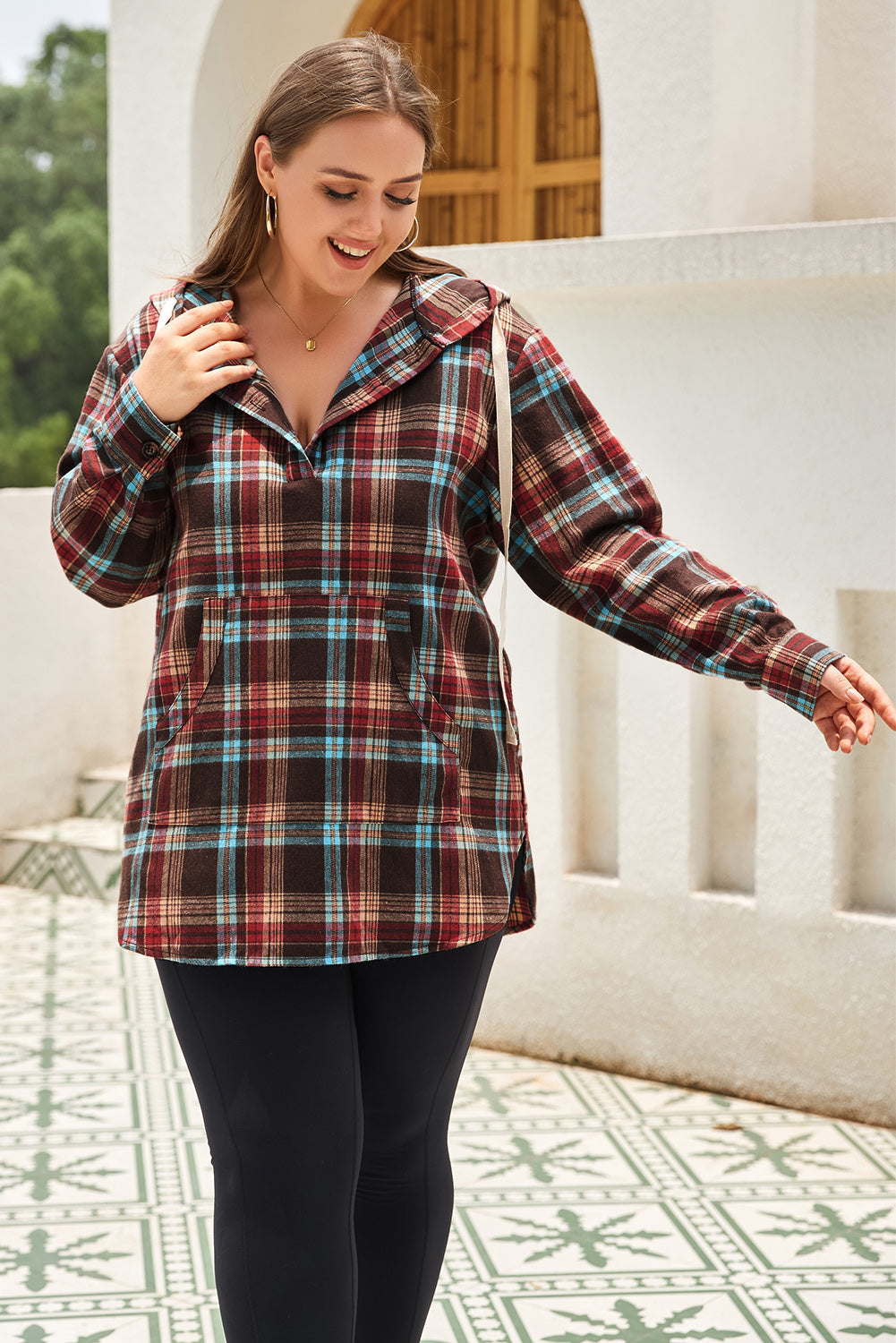 WW | Fiery Red Plus-Size Plaid Kangaroo Pocket Drawstring Hoodie