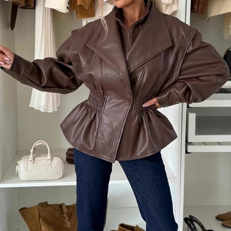 WW | Stylische Kunstleder-Motorradjacke mit Reverskragen und elastischem Bund