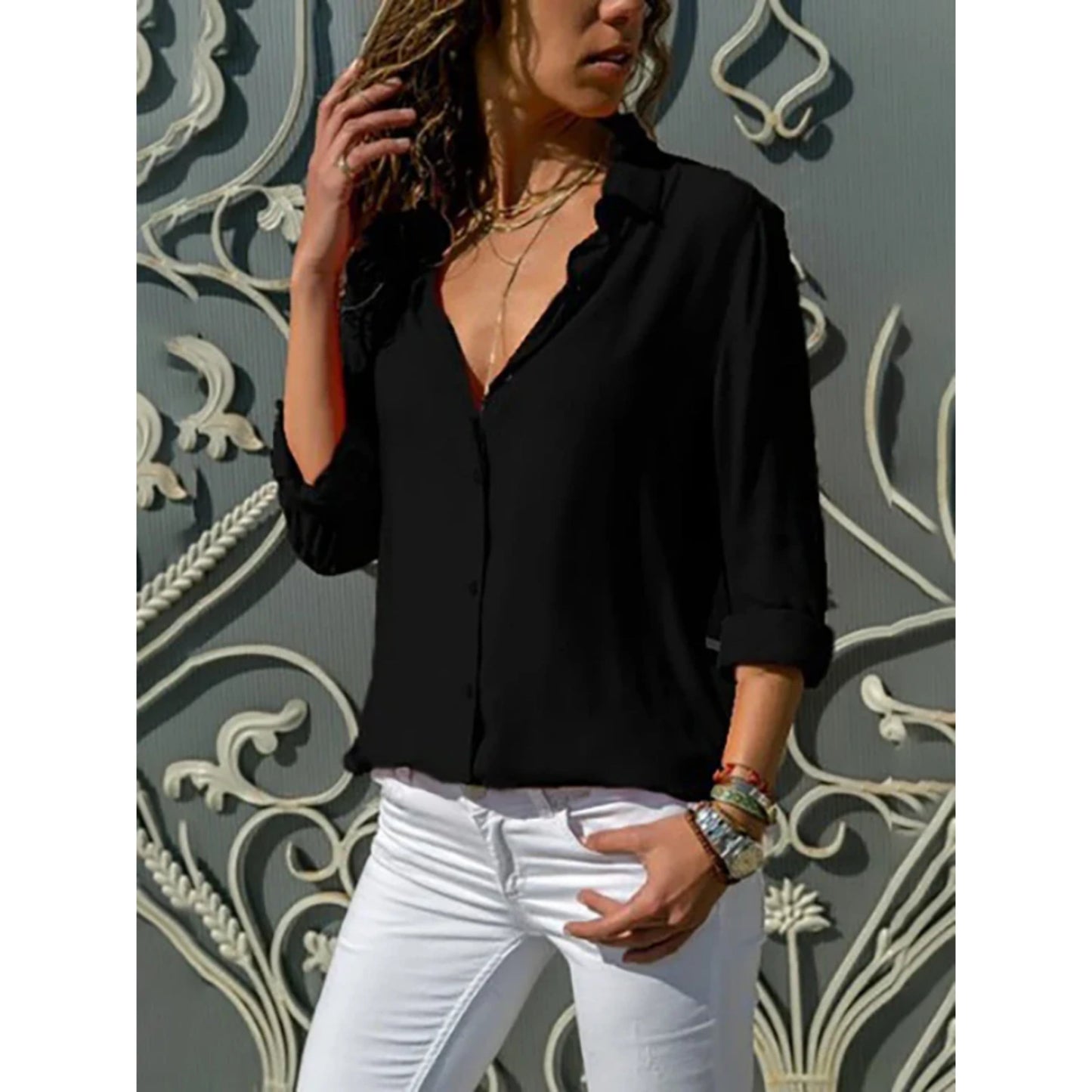 WW | Women's Long-Sleeve Blouse with Button Closure