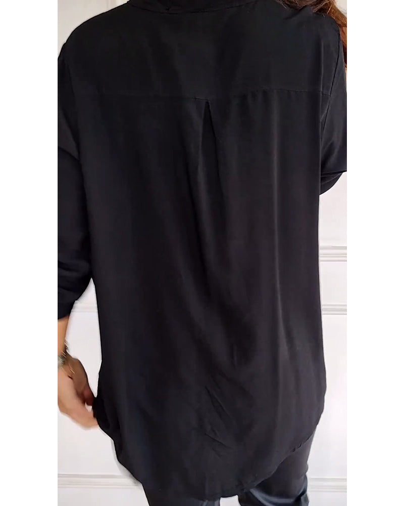 WW - Chic Blouse with Button Placket and Sequin Trim for Women | Elegant Long-Sleeved Blouse with Sequin Pocket