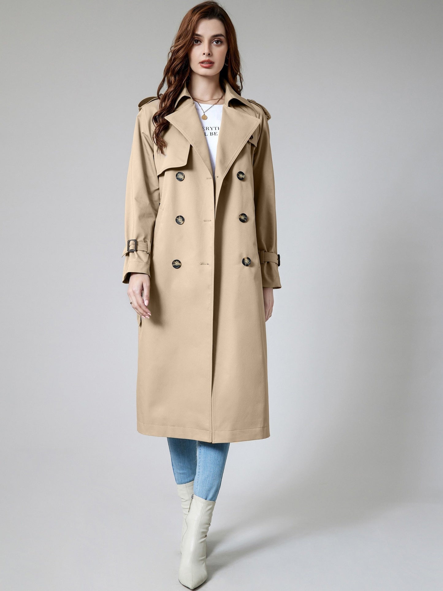 WW | Women's Plain Woven Polyester Trench Coat with Pockets - Ideal for Any Occasion