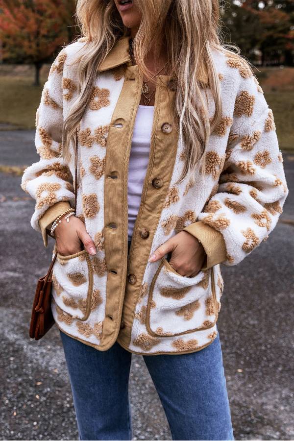 WW | Französisches Beige Süßes Blumenmuster Knopfleiste Fleecejacke