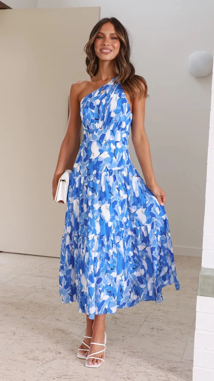 Vanessa – Blaues Midi-Blumenkleid mit einem Schulterfrei