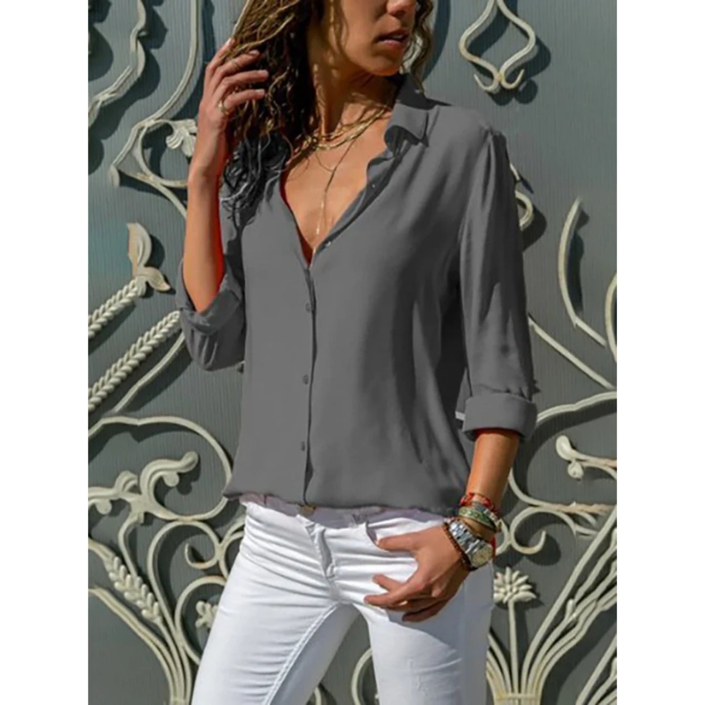 WW | Women's Long-Sleeve Blouse with Button Closure