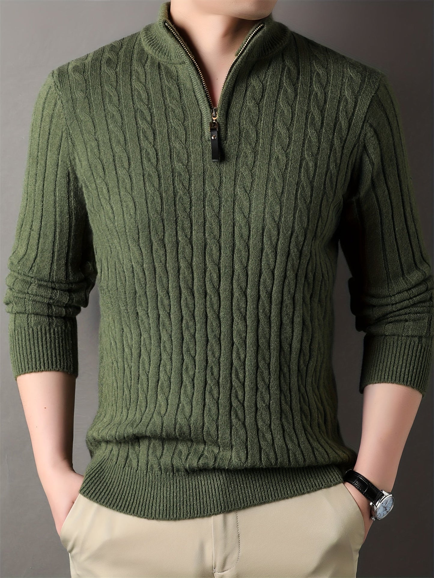 WW | Men's Casual Cable Knit Zip Sweater