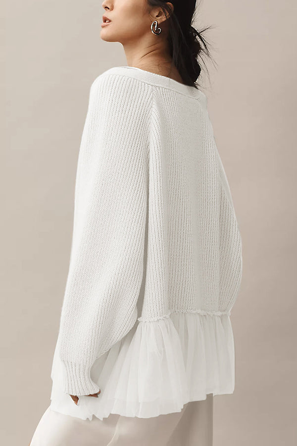 WW | Knit cardigan with mesh ruffle and long sleeves