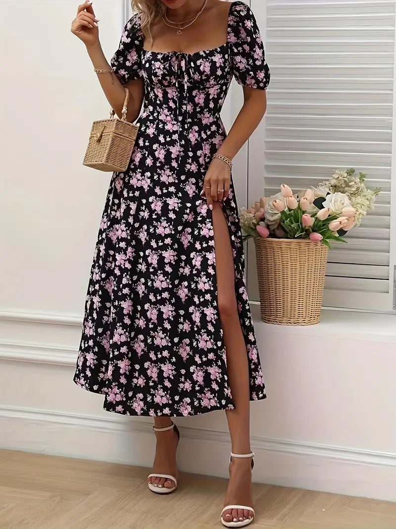 WW | Schickes Kleid mit Puffärmeln Im A-Linien-Stil mit Blumendruck