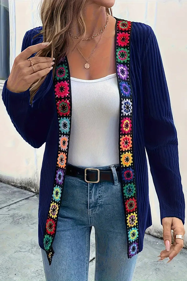 WW | Boho knit cardigan with floral trim and long sleeves