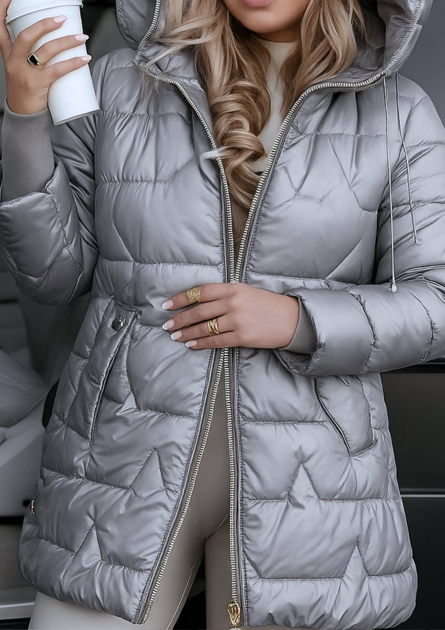 Lira Elegant Winter Coat with Hood and Padding - Grey