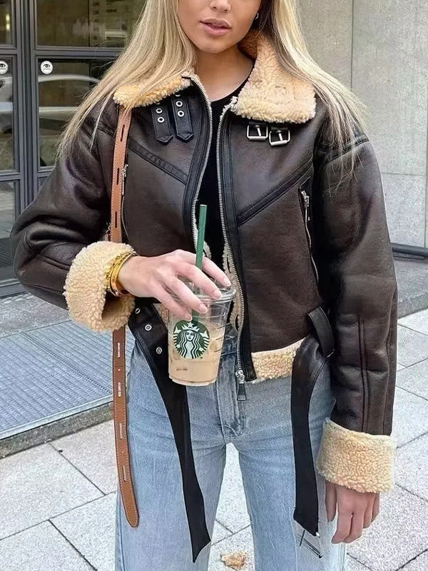 WW | Brown Lambswool Lined Leather Splice Short Jacket