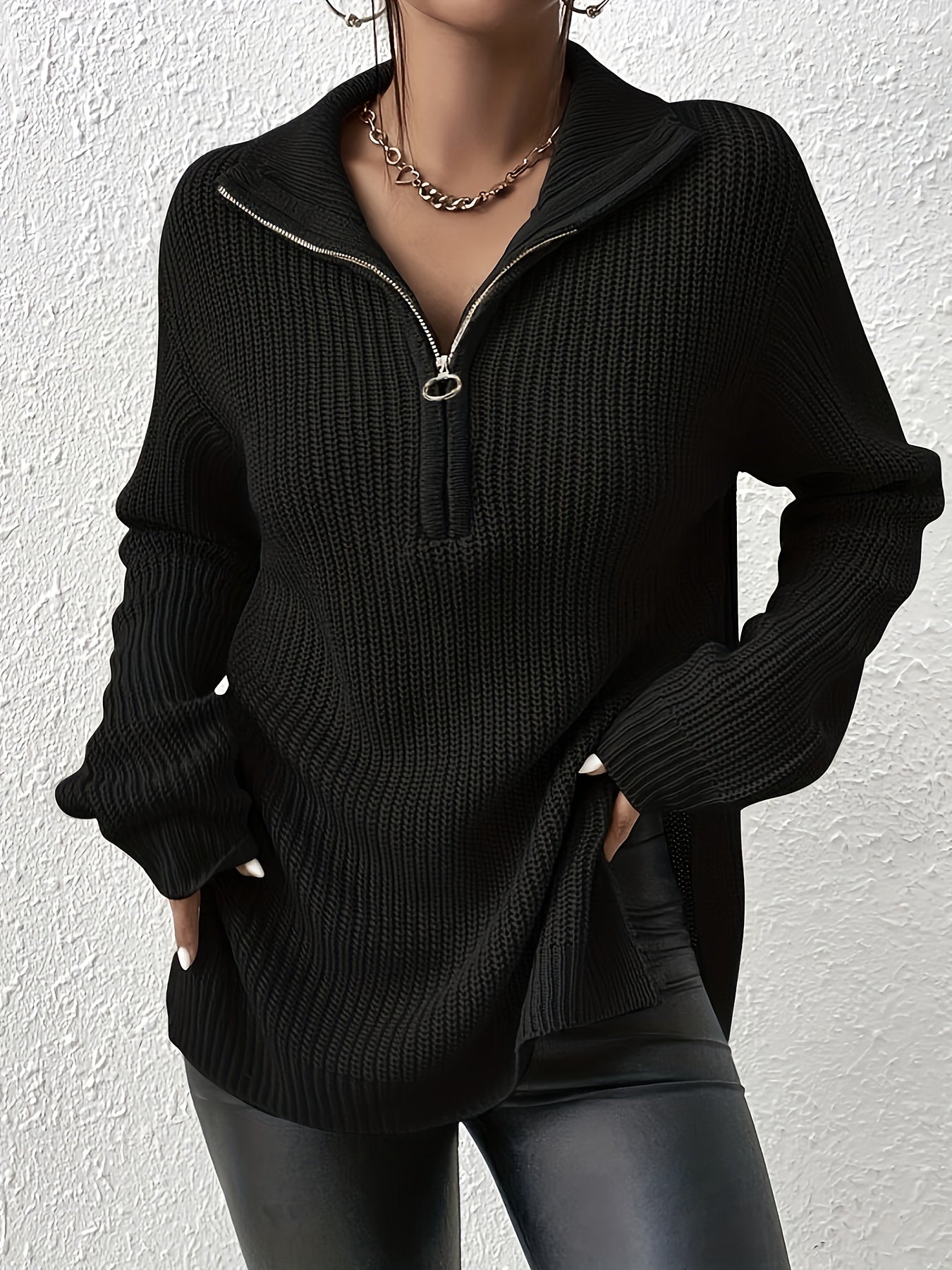 WW | Women's Knitted Pullover with Zipper – Oversized Sweater with Stand-Up Collar
