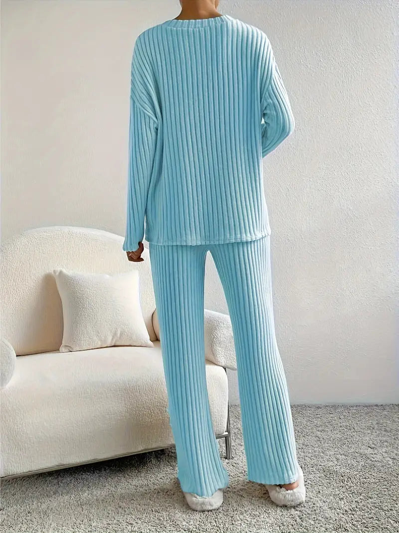 WW 2-Piece Set | Elegant Ribbed Women's Suit with V-Neck Sweater and Matching Pants