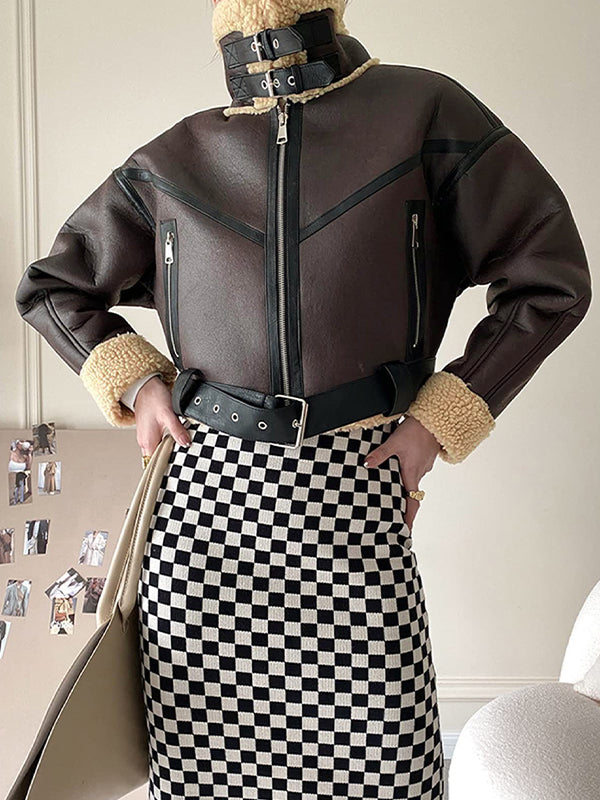 WW | Brown Lambswool Lined Leather Splice Short Jacket