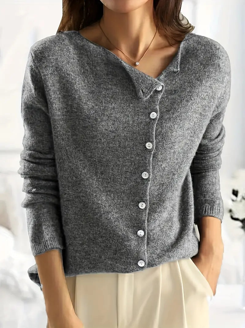 WW | Strickjacke Wollmischung Asymmetrischer Knopfverschluss Lockere Passform V-Ausschnitt