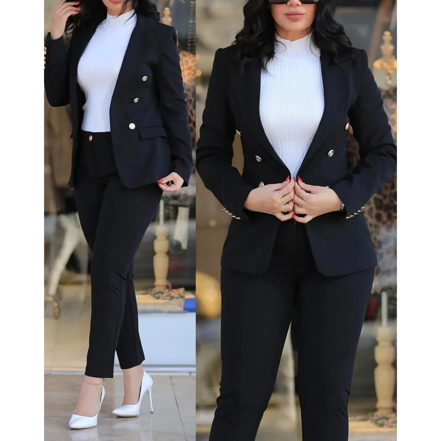 WW | Doppelknopf Blazer & Hosen Satz Mit Taschen Für Frauen