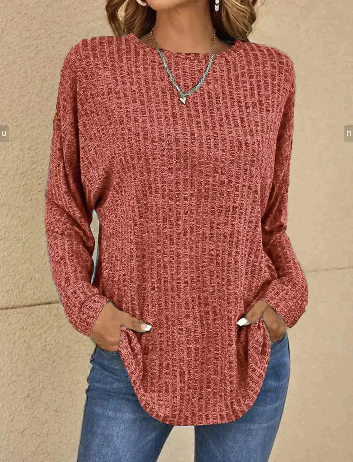 WW | Stricktextur Lange Ärmel Lockerer Schnitt Rundhalsausschnitt
