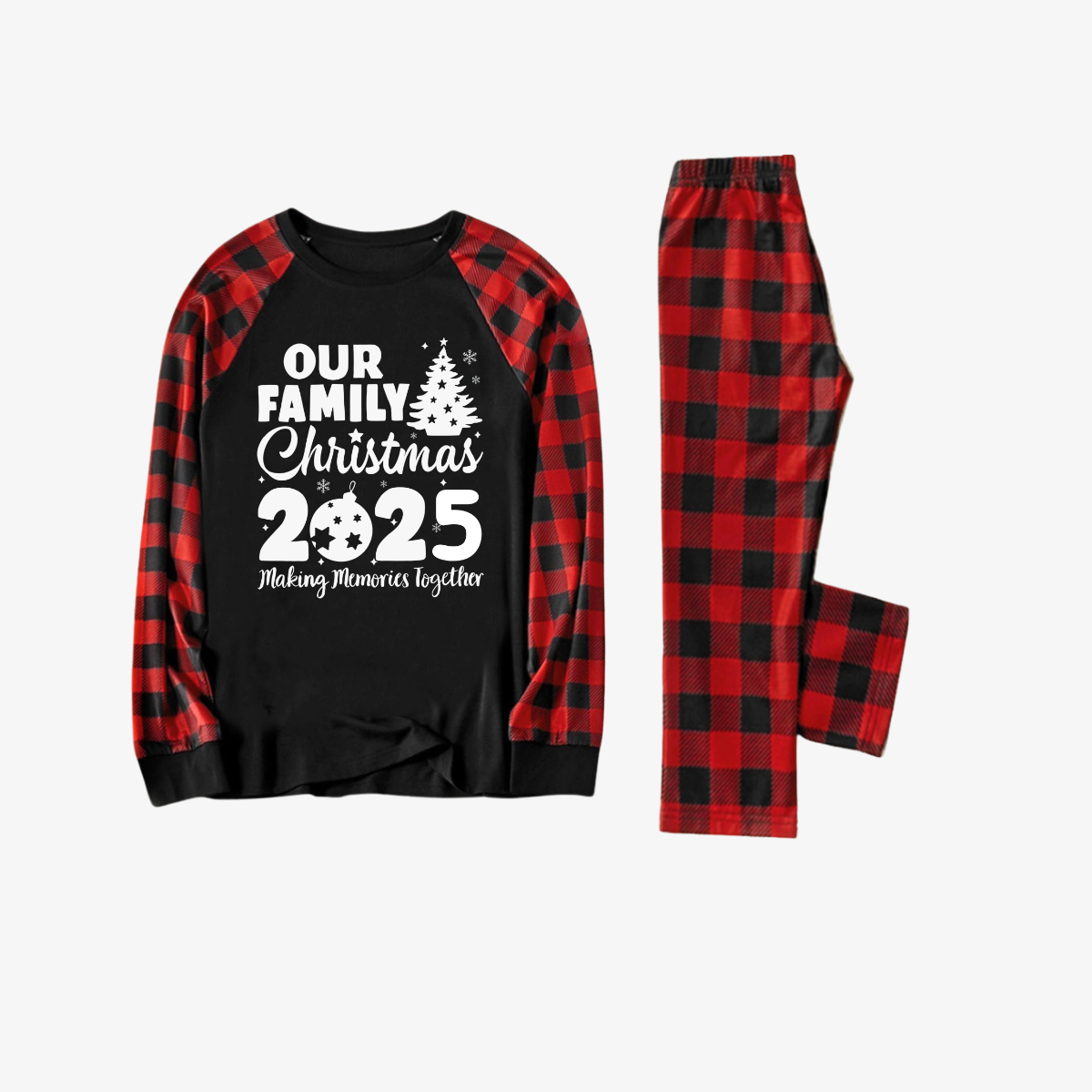 WW | Christmas Tree & "2025 Making Memories Together" Patterned Contrast Top and Black-Red Plaid Pants Family Matching Pajama Set