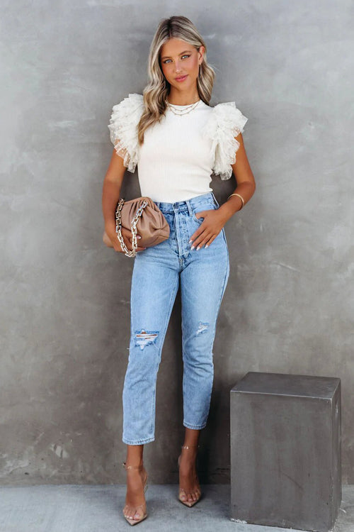 WW | Your Time Swiss Dot Tulle Sleeve Knit Top