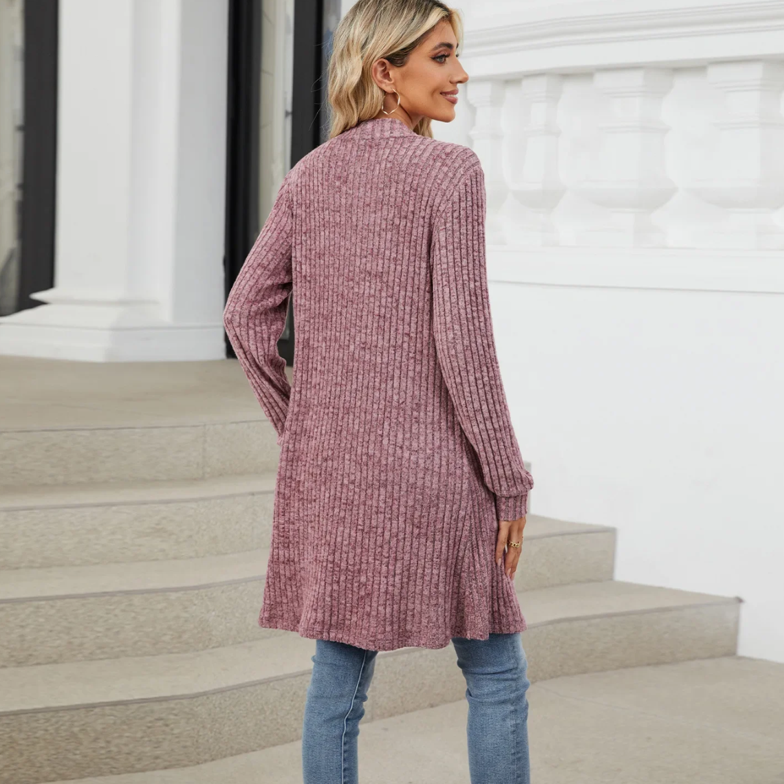 WW | Lange Strickjacken Damen Gerippte Offene Vorderseite Jacke mit Taschen