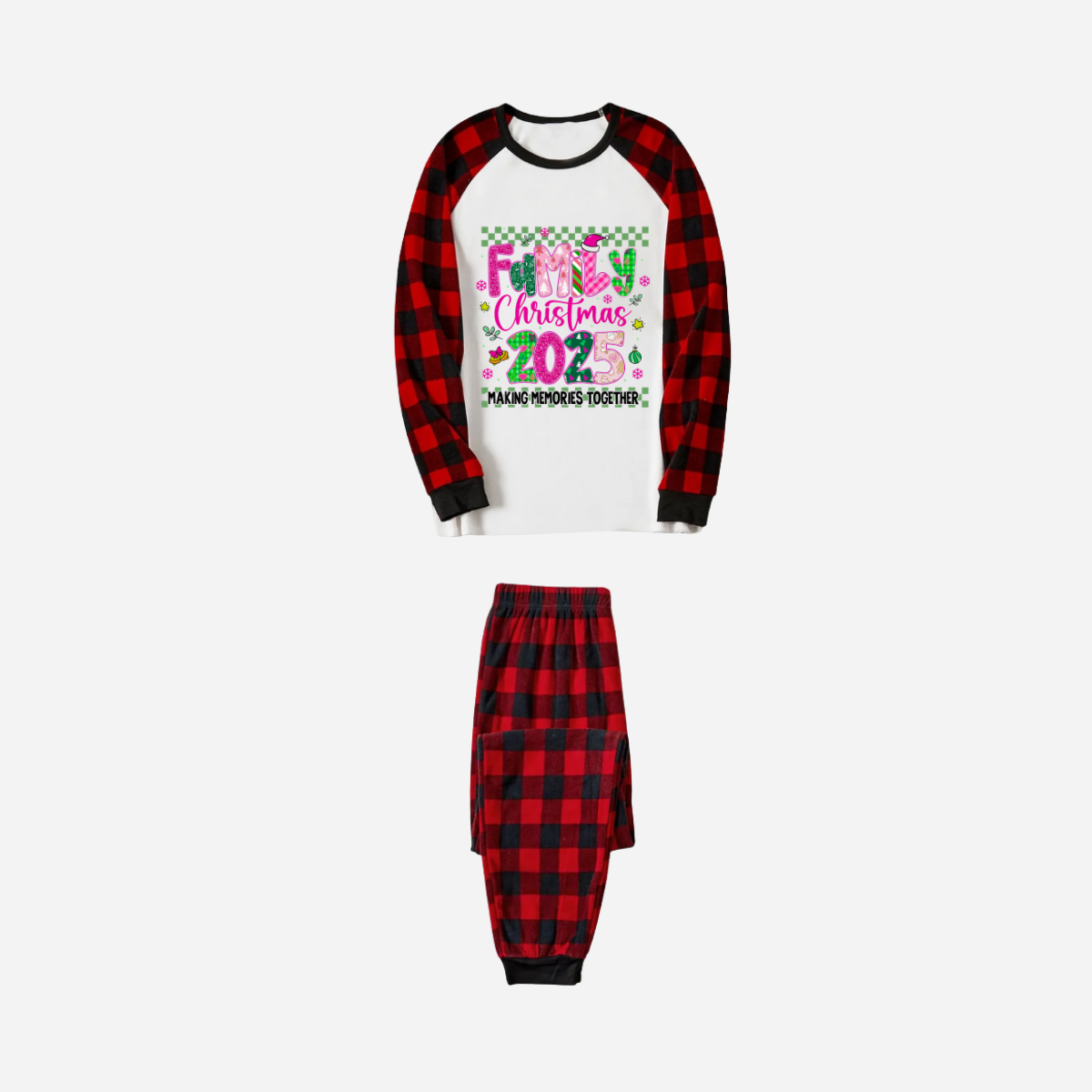 WW | "Family Christmas 2025" Faux Glitter Black and Red Raglan Sleeve Christmas Pajama Set
