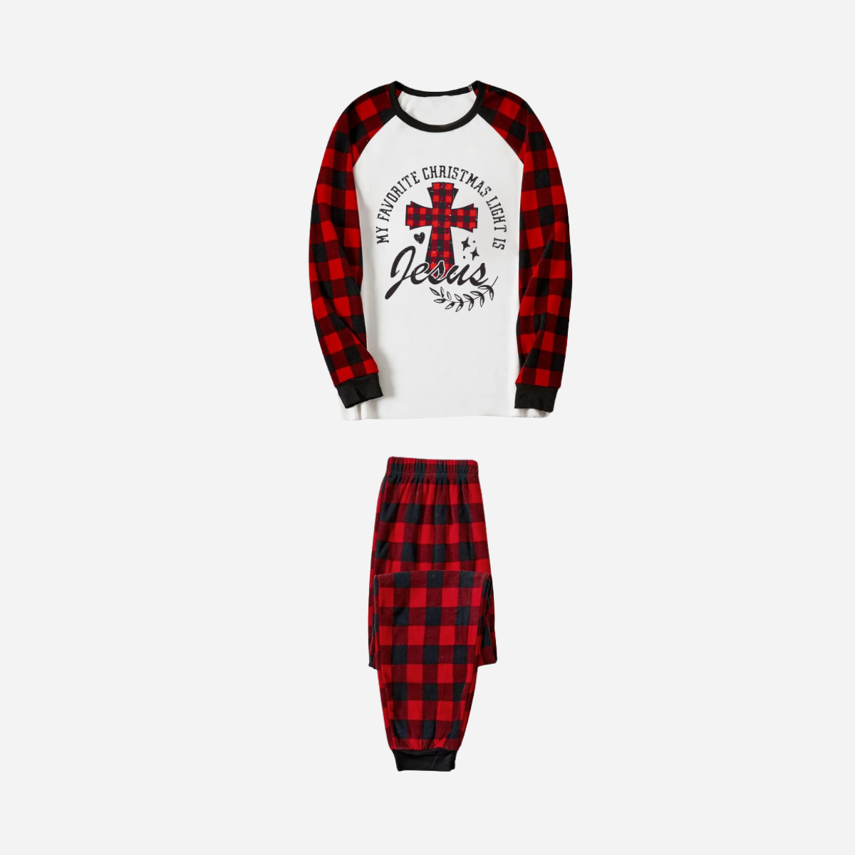 WW | My Favorite Christmas Light Is Jesus Family Christmas Pajama Set - White Top with Red Plaid Sleeves and Red Plaid Pants