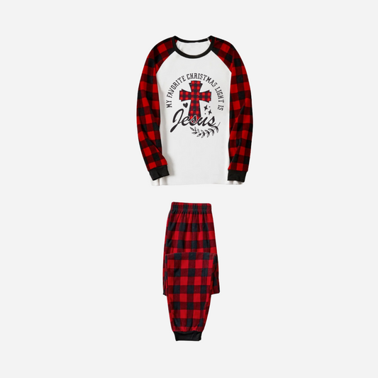 WW | My Favorite Christmas Light Is Jesus Family Christmas Pajama Set - White Top with Red Plaid Sleeves and Red Plaid Pants