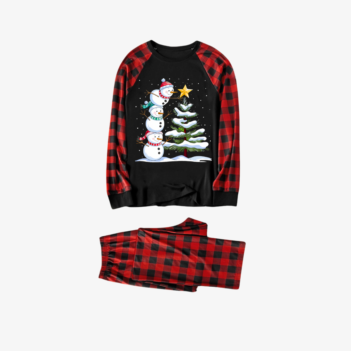 WW | Red and Black Plaid Christmas Pajama Sets with Snowman and Christmas Tree Print