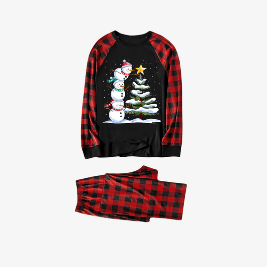 WW | Red and Black Plaid Christmas Pajama Sets with Snowman and Christmas Tree Print