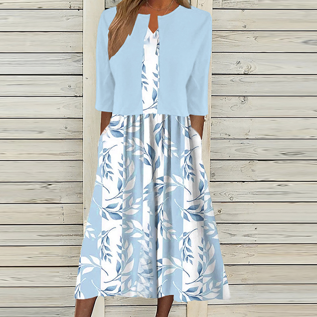 Unique midi dress with blue botanical pattern and jacket